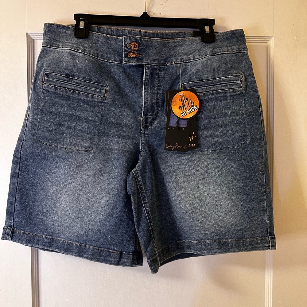 NWT -  Women Copperflash High Rise Roll Cuff Denim Bermuda Shorts Size 14 W